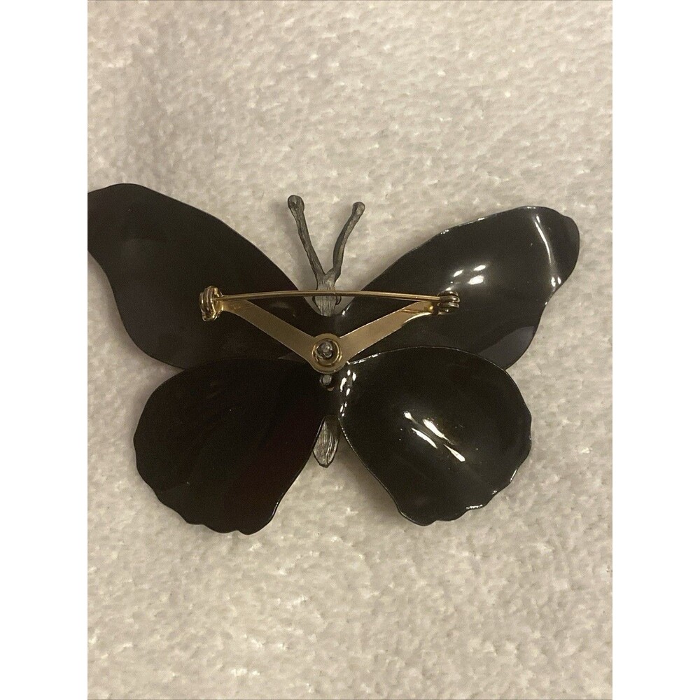 Goldtone Monarch Butterfly Brooch Black Orange Yellow Tiered Wings Glossy Finish - Picture 6 of 7